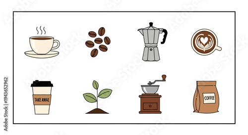 Variety of coffee elements and brewing methods on transparent background silhouette