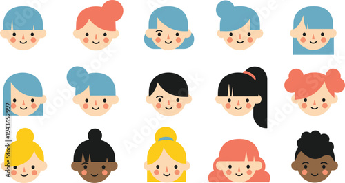 Cute girl avatars collection with different hairstyles and colorful hair, flat cartoon female profile icons for social media and user interface design