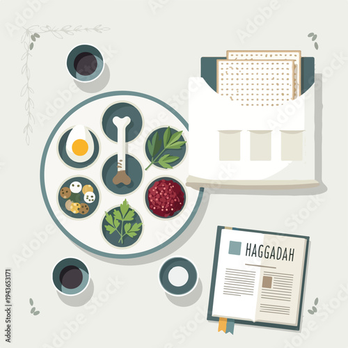 Stylized, overhead illustration of a symbolic Passover Seder plate and items