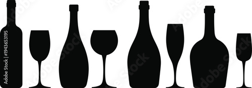 Wine bottle and glass silhouette vector icon set for restaurant menu, bar service, and celebration events