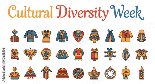 Vector illustration of various traditional clothing and cultural symbols for Cultural Diversity Week with a vibrant and inclusive design on a white background.
