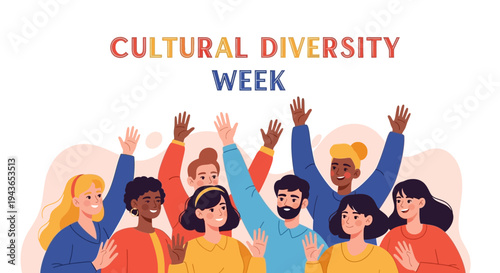 Illustration of diverse people celebrating Cultural Diversity Week with raised hands in a vibrant, multicultural community concept against a soft background.
