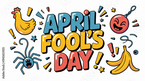 Colorful april fools' day graphics with chicken spider banana and laughing face