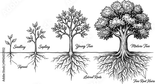 Illustration showcasing the lifecycle of a tree from seedling to mature tree, detailing root development