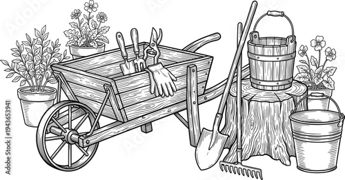 Detailed vintage illustration of a garden setup. Rustic wooden wheelbarrow, essential tools, potted plants, and various buckets create a traditional horticulture theme