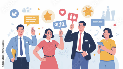 People interacting with social media icons and symbols online communication and networking concept