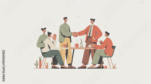 Business colleagues collaborating shaking hands and discussing over coffee in modern office setting with minimalist background
