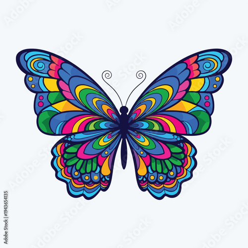 Colorful, stylized butterfly illustration on a white background, symmetrical