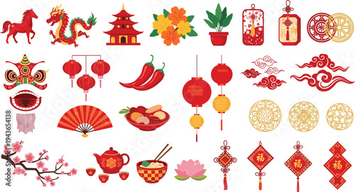 Chinese New Year Festival Vector Set Featuring Lanterns, Dragons, Horses, Teacups, and Traditional Decorations for Celebration Designs