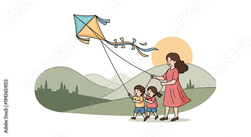 Mother and children flying kite on sunny day