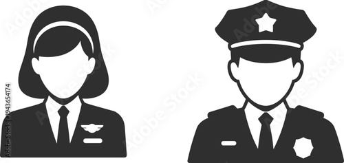Professional occupation avatar vector icon set for law enforcement, police officer, and airline pilot flight crew
