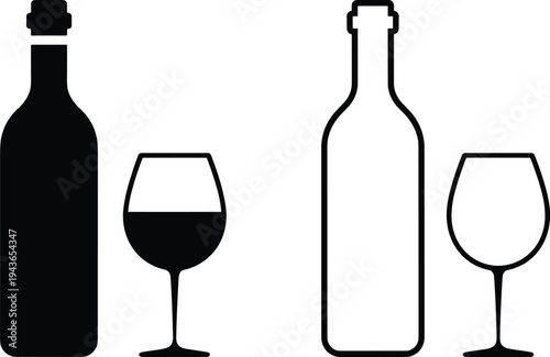 Wine bottle and glass vector icon set for restaurant menu, bar service, winery, and celebration events