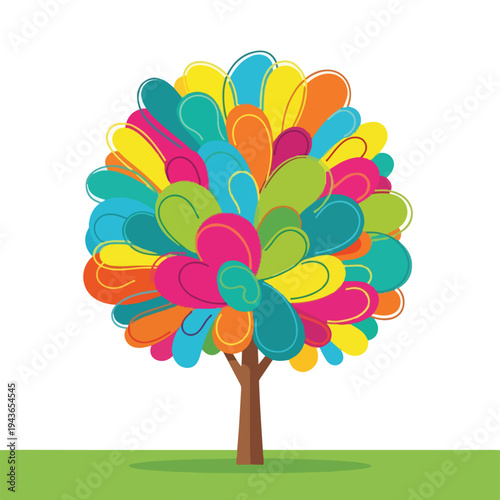 Colorful tree with large leaf-shaped forms on a green grassy ground