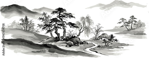 Serene Chinese ink wash painting depicting a tranquil landscape with trees, mountains, and a winding river, evoking traditional art and nature's beauty