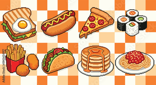 Hand-Drawn Fast Food Icon Set Featuring Breakfast, Pizza, Hot Dogs, Sushi, Tacos, Fries, and Pancakes for Fun Food Designs