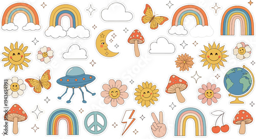Cute Hippie Doodle Elements Collection with Rainbows, Flowers, Mushrooms, Butterflies, UFO, Peace Symbols, Sun, Moon and Retro Boho Cartoon Icons