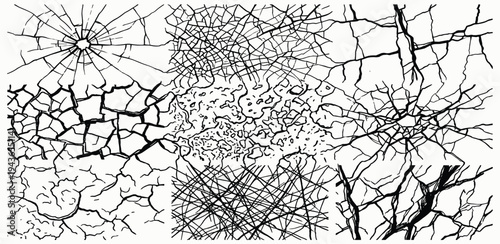 Collection of abstract cracks and fissures resembling shattered glass or dried earth, rendered in black and white line art style