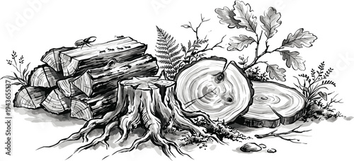 Rustic Woodland Scene with Stacked Logs, Tree Stump, and Oak Leaves in a Hand-Drawn Sketch Style