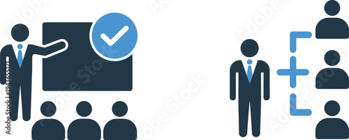 Business leadership and corporate training vector icon set for professional recruitment, employee management, and organizational structure