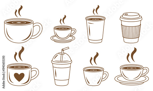 A collection of various coffee cup illustrations with different designs and styles