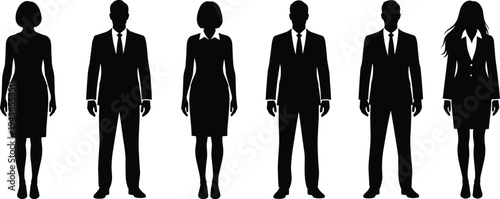 Black silhouettes of business people group standing in professional suits and formal wear isolated on white background vector illustration