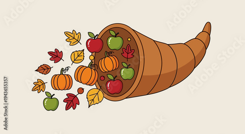 Bountiful Autumn Cornucopia with Harvest Pumpkins, Apples, and Leaves on Isolated Light Beige Background