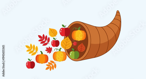 Autumn Cornucopia Filled with Harvest Pumpkins, Apples, and Fall Leaves on Isolated Light Blue Background
