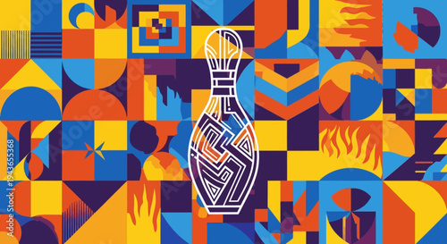 Dynamic Abstract Geometric Pattern with Bowling Pin Icon and Vibrant Colorful Shapes