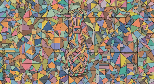 Abstract Geometric Pattern with Bowling Pin Outline and Colorful Triangles