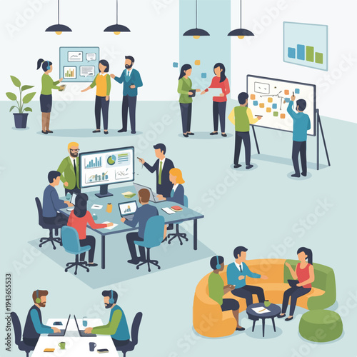 Group of people in a workplace setting, engaged in meetings and projects