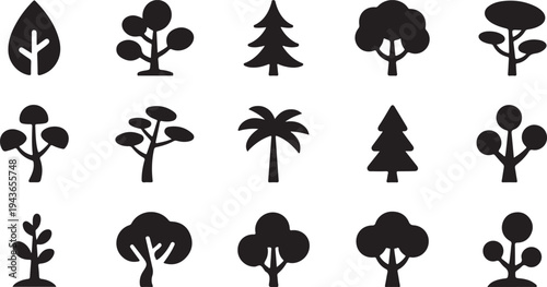 A diverse assortment of black silhouette icons representing different types of trees and foliage