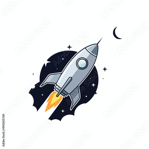 Stylized illustration of a silver rocket launching with orange flames in outer space