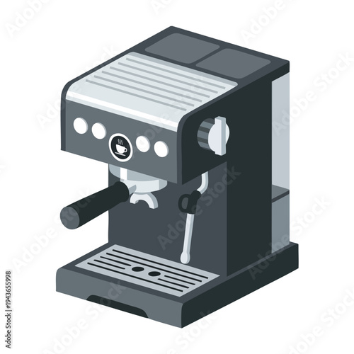 Gray espresso machine with portafilter, steam wand, and drip tray