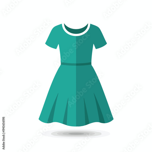 Simple teal dress with short sleeves, a cinched waist, and a flared skirt