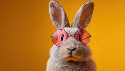 A stylish rabbit wearing pink sunglasses against a vibrant yellow background, exuding personality and charm.