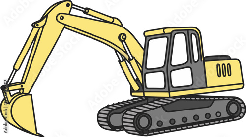 Yellow excavator PNG isolated on transparent background, heavy construction equipment for digging and earthmoving projects.