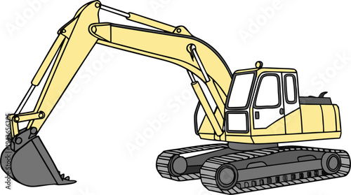 Construction excavator machine isolated PNG, powerful yellow earthmoving equipment with hydraulic arm.