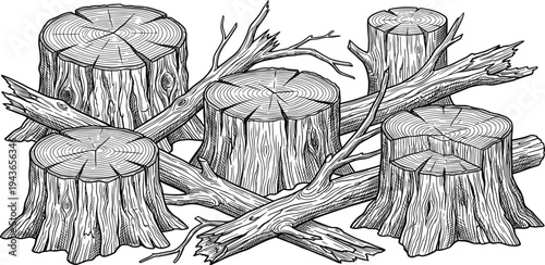 Line art illustration of various wood stumps and dry branches, showcasing natural textures. Ideal for designs about forestry, logging, and raw timber resources