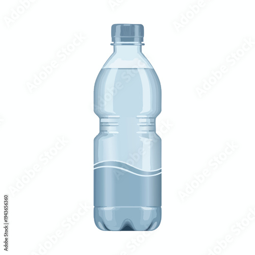 Clear plastic bottle filled with clean water and a white wave-like label