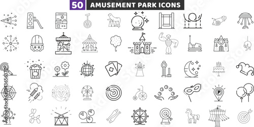 Amusement park and circus line editable icon set. Vector outline carnival and festival ride symbols.