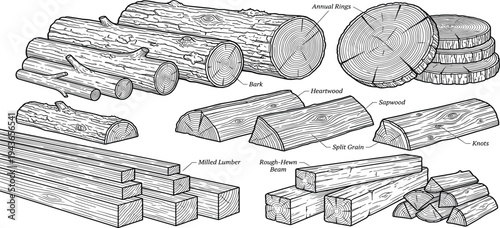 Comprehensive vector illustration set displaying various forms of wood, including logs, processed lumber, firewood, and raw timber, ideal for construction, heating, and forestry-related designs