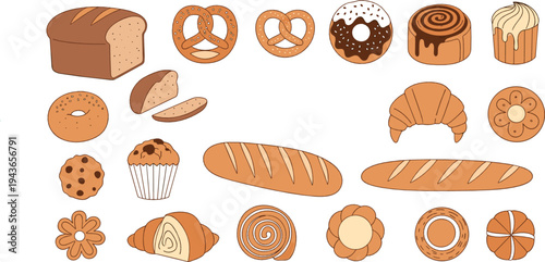 Bakery Bread and Pastry Collection with Loaf Bread, Pretzels, Donuts, Croissants, Muffins, Cookies and Sweet Buns Cartoon Vector Set