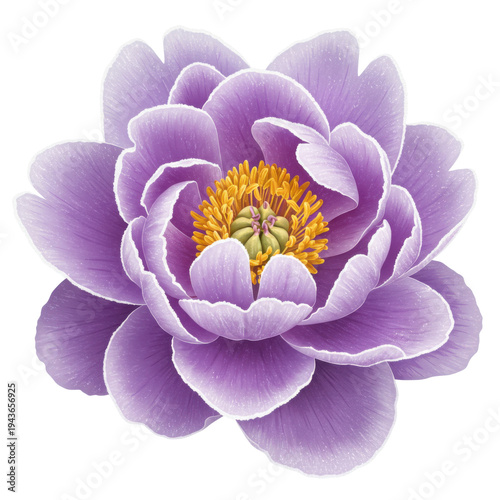 Exquisite purple peony flower with detailed petals and golden center isolated on white background