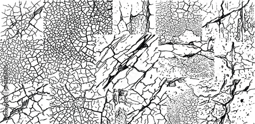 Diverse Collection of Black and White Crack Textures for Graphic Design, featuring various distressed patterns and broken surface effects to add a grunge or aged look to backgrounds and overlays