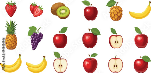 Colorful vector fruit collection set including strawberry, kiwi, apple, pineapple, banana, and grapes isolated on white background