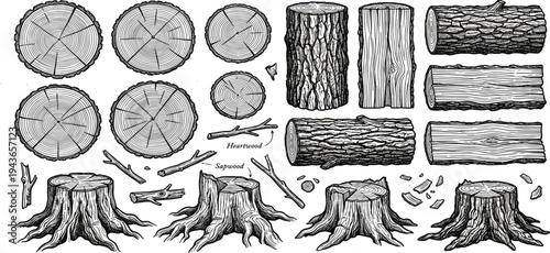 Collection of hand-drawn forest wood elements, featuring detailed illustrations of various logs, tree stump sections, cut timber, and natural branches in an engraved vintage style graphic set