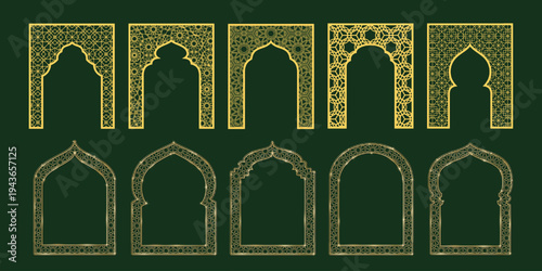 Set of luxury golden Islamic arch frames with traditional Arabic geometric patterns. Elegant mosque-inspired doorway silhouettes and borders for Ramadan Kareem, Eid Mubarak