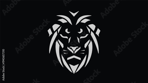 Stylized Lion Head Emblem with Bold Lines on Black.