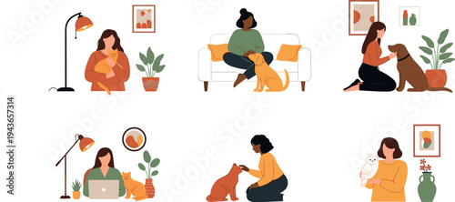 Women Relaxing at Home Collection with Reading, Working on Laptop, Sitting on Sofa and Spending Time with Dog Cozy Lifestyle Vector Set