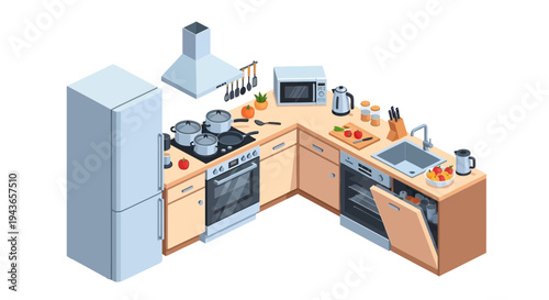 Isometric Modern Kitchen Interior with Refrigerator, Stove, Dishwasher, and Beige Cabinets on Isolated White Background